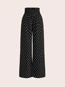Women's Polka Dot Wide Leg Pants, Vintage Casual Elastic Waisted Style High Waist Loose Fit, Daily Commute Slimming Long Pants, Casual Chic Bottoms