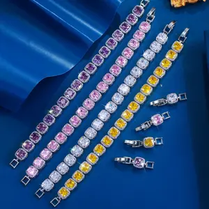 Luxurious Square-Cut Cubic Zirconia Tennis Bracelet in Pink, Yellow, White, and Purple; Suitable for Weddings, Parties, Dates, and Everyday Wear; A Light‑Luxury Women’s Accessory