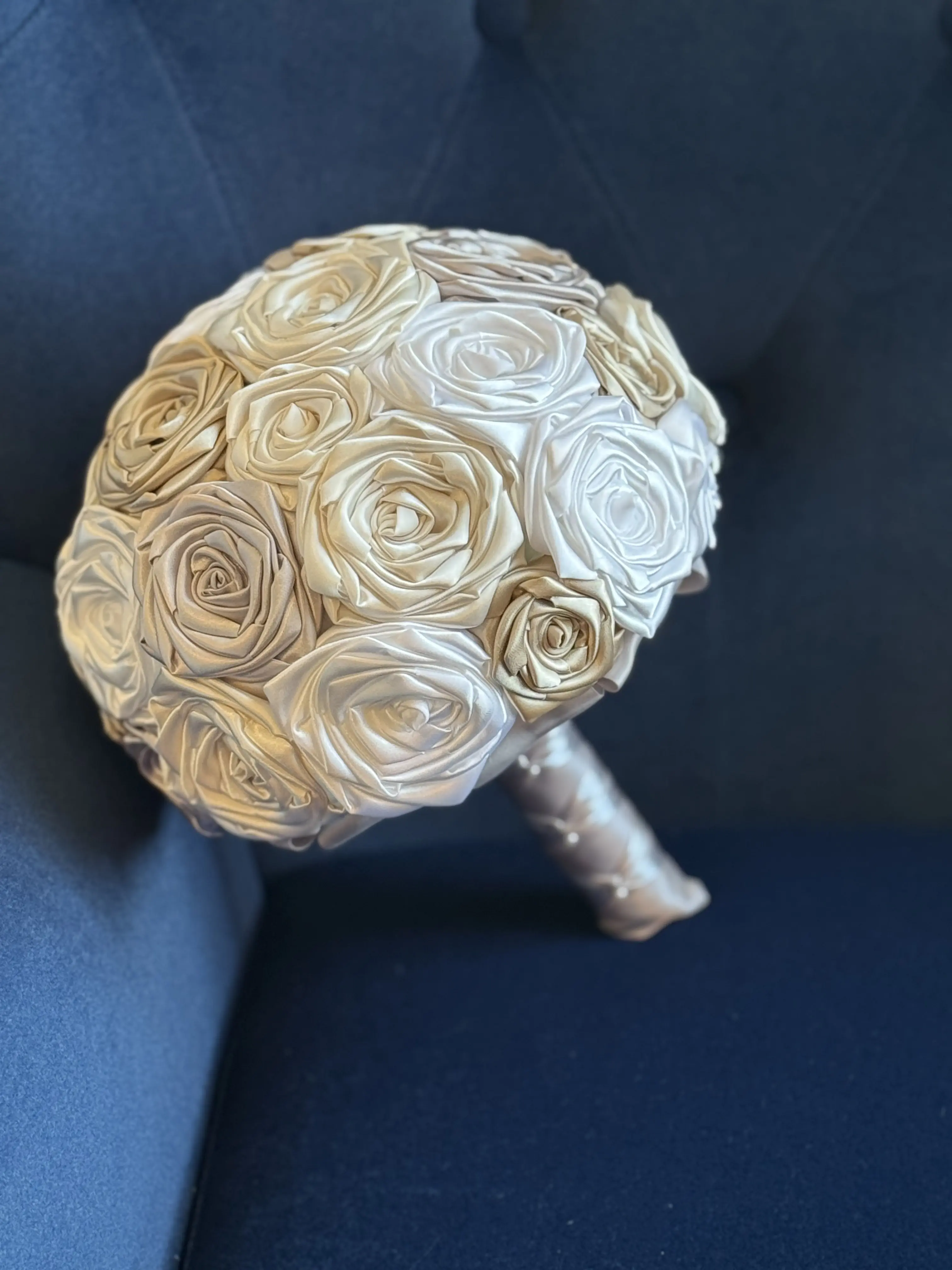 Mila’s Bouquet | Ivory, White, Silver, & Champagne | Chic Bridal Bouquet | Neutral Wedding Colors | Outdoor Wedding | Beach Wedding | Church Wedding Flowers | Budget Bride | Handmade Satin Rose Bouquet