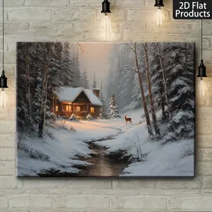 Single framed piece — Winter Snow Village canvas wall art: cozy snow-covered houses and forest streams; modern country cabin wall decor; bedroom decoration; Scandinavian landscape print poster (ready to hang); 2D flat design; suitable for room décor.