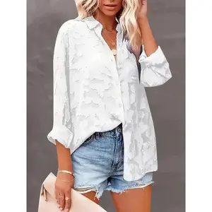 Plus Size Women's Lapel Lace Patchwork Long Sleeved Shirt