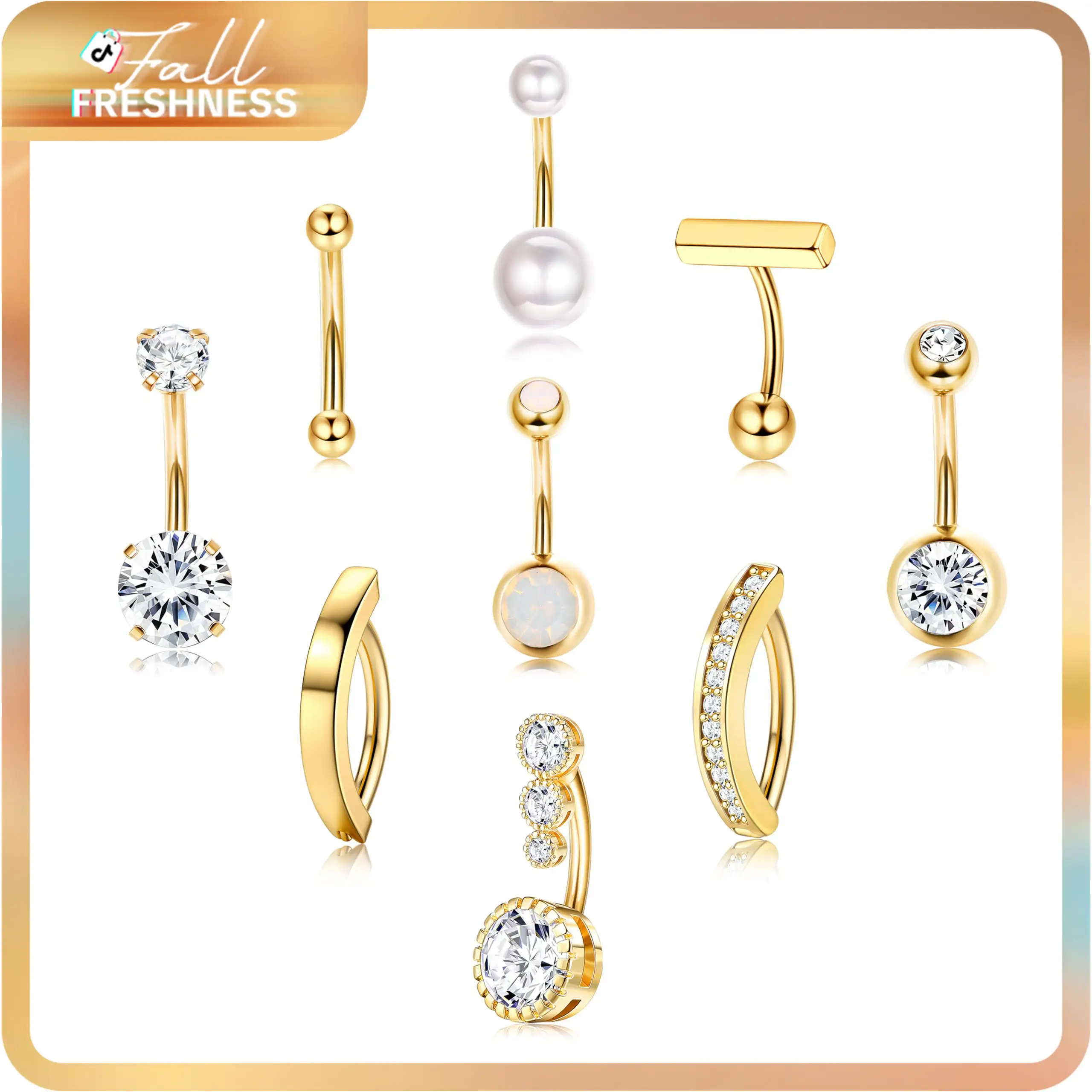 FIASASO 9 Count Belly Button Ring Surgical Stainless Steel Belly Rings CZ Opal Pearl Belly Button Ring Clicker Belly Piercings for Women Navel Piercin