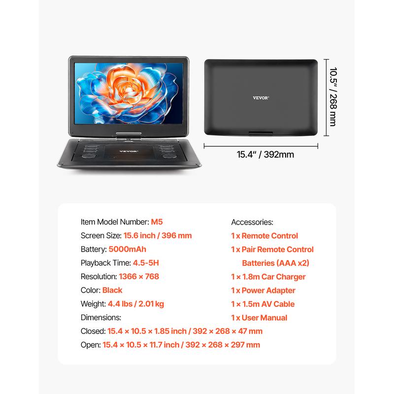 VEVOR Portable DVD Player, 15.6 inch HD Swivel Display Screen, 4.5-5 H Built-in Rechargeable Battery, Dual Speakers, Support Sync TV/USB/SD Card/CD/DVD, Car Charger, AC Power Adapter, Remote Control