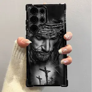 Jesus Clear Protective Four Comers Air Cushion Anti-drop CellPhone Case Clear BracketPhone Case For SAMSUNG GALAXY S22 S23 S24 FE ULTRA PLUS Four Corners Cases # SMYS7.