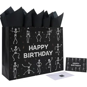 16.5''  Black Birthday  Bag Set with Handles, Greeting Card, Tissue Papers and Stickers for Men Boys  Teens for Birthday Party, 1 count
