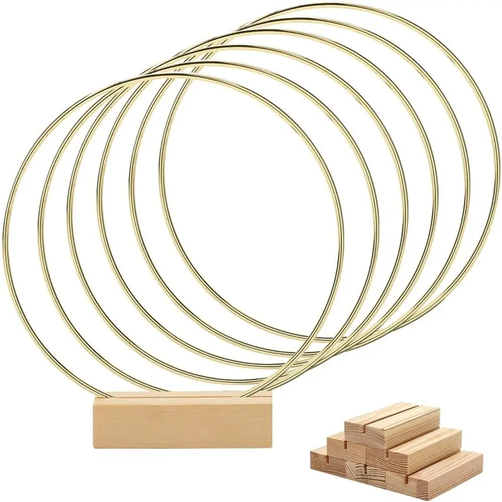 6-Pack 8in Round Smooth Metal Floral Hoop Centerpieces with Wooden Base - 20cm Flower Decoration for Wedding Table, Party Photo Wall Hanging (3.15in Base)
