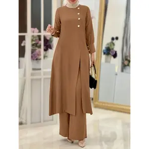 Middle Eastern Muslim Women'S Two-Piece Set Fashionable Elegant Solid Color Side Slit Long Shirt Wide Leg Pants Dress