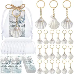 24 Sets Seashell Keychain Beach Party Favor Last Toast on The Coast Party Bulk Gift Beach Shell Charm and Pearl Gift with Organza Bag for Nautical Wedding Baby Shower Bridal Shower (White)