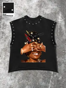 Men's Summer Sleeveless Vest, Breathable Tank Top, Rivet Decoration, Art Print, Loose Fit, Breathable Fabric, Perfect for Casual Daily Wear