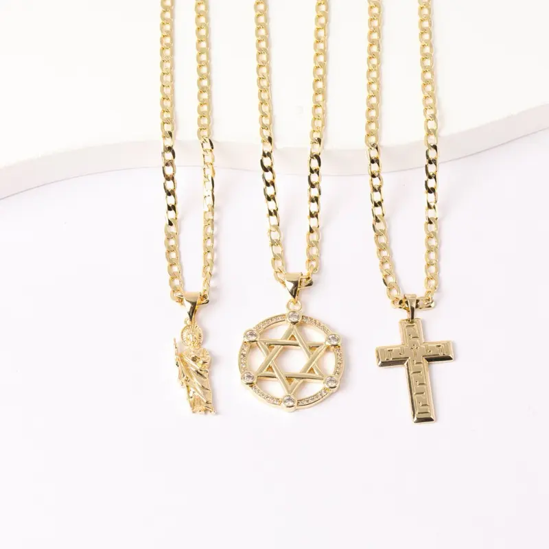 Unisex Alloy Gold Pendant Necklace - 2mm Cuban Link Design Chain, 16in & 20in Lengths, Minimalist Cross/Star/Circle Pendants, Casual Daily Wear Costume Jewelry, 20 Inch