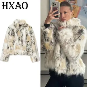 HXAO 2025 Leopard Fluffy Jacket Women's Jacket Plush Faux Fur Coat Demi-Season Crop Hairy Outerwears Stuffed Long Sleeve Jackets
