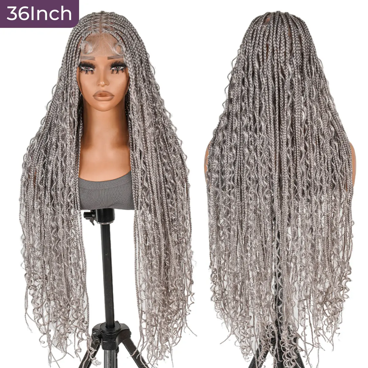 SuperNova #Gray 36" Full Lace Bohemian Box Braided Synthetic Wig, Premium Quality, Lightweight, Ideal for Stylish Hair Transformation #SummerVibes