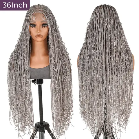 SuperNova #Gray 36" Full Lace Bohemian Box Braided Synthetic Wig, Premium Quality, Lightweight, Ideal for Stylish Hair Transformation Grey Wig Boho Style Wigs #SohoChic #TikTokShopStockUp #DealsForYouDays