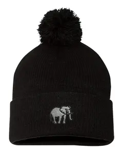 Elephant Embroidered Knit Beanie Pom Cap