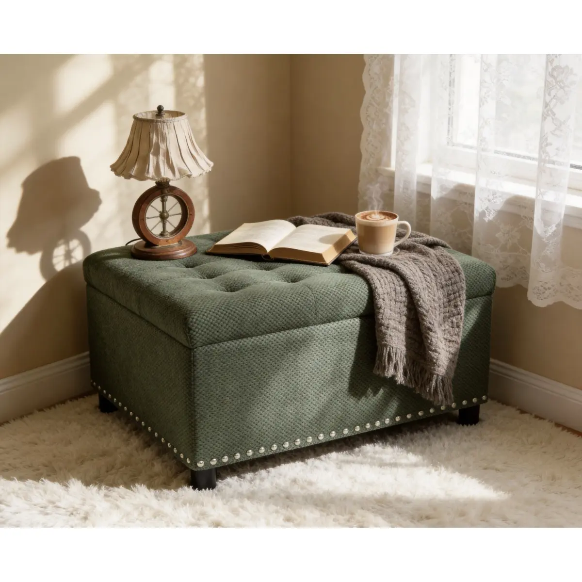 Tufted Green Storage Ottoman with Nailhead Trim - Upholstered Square Cube Footstool, Classic Farmhouse Style, Bedroom Accent Furniture, Small Space Home Decor Coffee Table