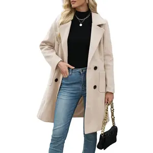 Women's Winter Wool Blend Camel Color Mid-Length Coat with Turn-Down Collar, Double-Breasted Jacket, Casual Button Closure, Elegant Fit, Basic Style Top, Women's Clothing, Blue Collar, Simple Style