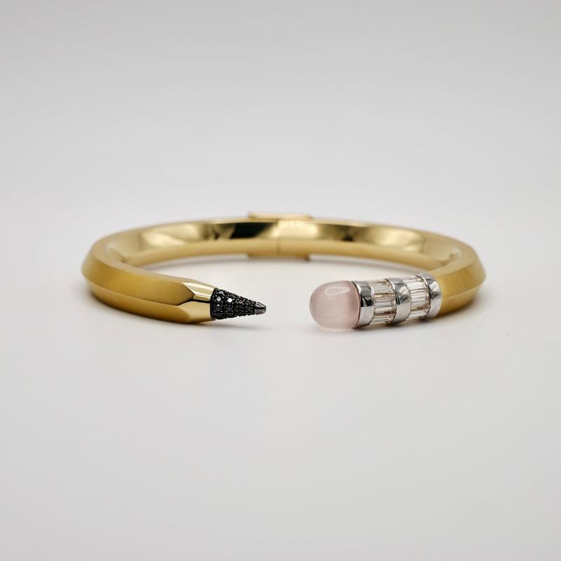 18K Solid Gold Pencil Bracelet Bangle with Moissanite and Pink Nephrite