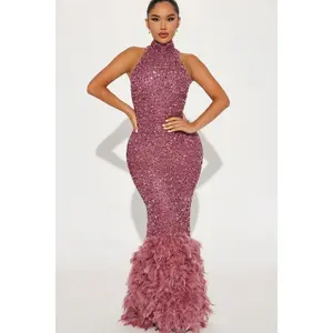 Zoey Feathered Sequin Gown - Mauve 2