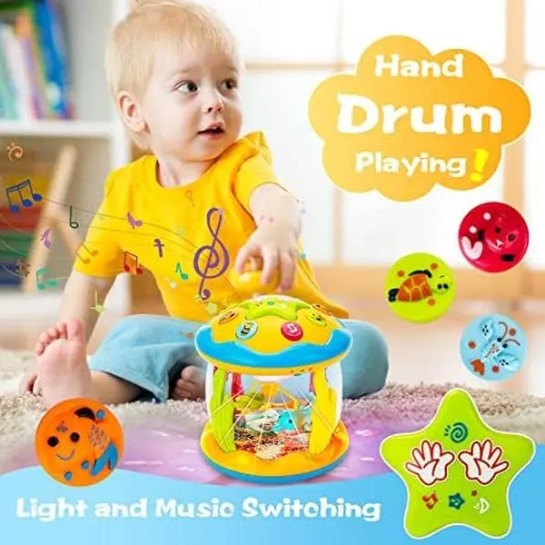 Baby Musical Light-Up Developmental Toy Set - Ocean Projector Rotating Floor Drum, Rattle Maracas, 7 Animal Sounds to Explore, Baby Items for 0-36 Months Tummy Time/Crawling Play, Kids Toys Birthday Gift, Sensory