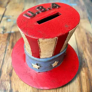 Vintage 4-in Cast Aluminium USA Patriotic Piggy Bank, Solid Antique Collectible Home Decor with Embossed Stars, Removable Coin Holder