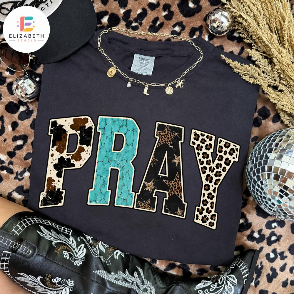 Comfort Colors Pray T-Shirt, Western Cowhide Turquoise Leopard Christian Graphic Tee for Women, Country Faith Bible Tee, Faith Gift for Her Cowgirl