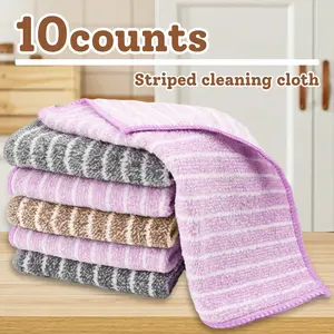 10-Count Stripe Kitchen Cleaning Cloths, Double-Layered Thick Super Absorbent Reusable Oil-Resistant No-Lint Towels for Wiping Tables & Dishes (Random Color)