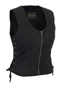 DANIEL SMART Women's Stylish Black Denim Biker Vest with Mesh Lining Adjustable Side Lacing & Zippered Pockets XS-5XL - Fit