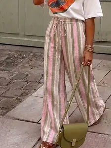 Trendy Striped Wide Leg Pants, Elastic Waist Drawstring Design, Flowy Palazzo Pants for Women Vacation Style.