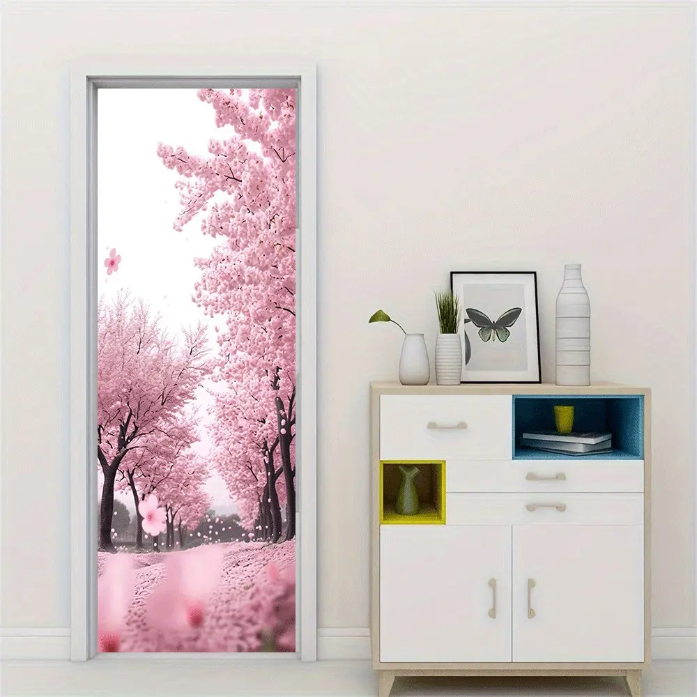 2pcs   Romantic Pink Cherry Blossom Door Wall Sticker Stereo Simulation Sakura Tree Corridor Decoration Sticker Self Adhesive Removable Waterproof Eco Friendly Wallpaper for Living Room Bedroom Wall Ar