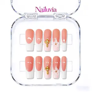 （D143）10Pcs 1.3Inch Acrylic Press On Nails - Long Coffin French Fake Nails with 3D Cross Flower, Reusable Luxury Artificial Nail Tips for Party