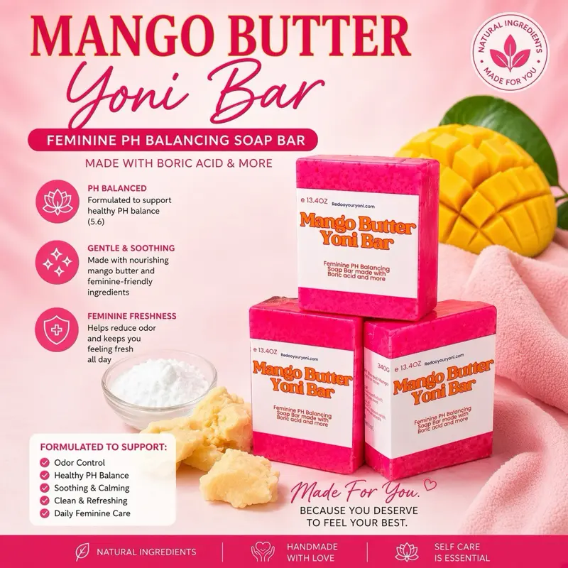 3 PACK of 4oz Mango Butter Bar Soap made with boric acid Gentle Feminine soap Cleanser Moisturize Daily Body Care Nourishing ph balancing
