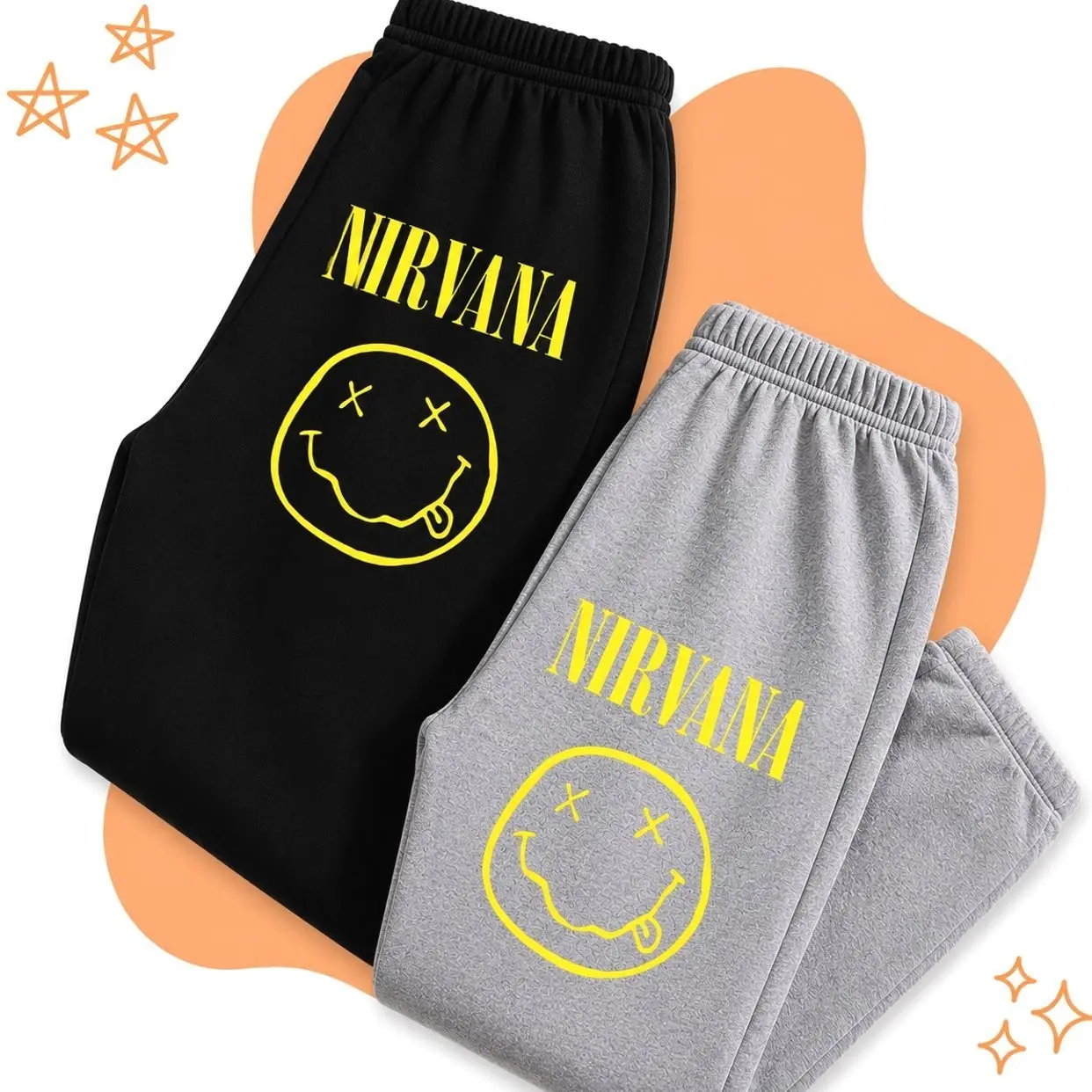 Vintage Nirvana-Inspired Logo Sweatpants, Graphic Cotton Joggers, Retro Band Style Unisex Lounge Pants, Everyday Streetwear