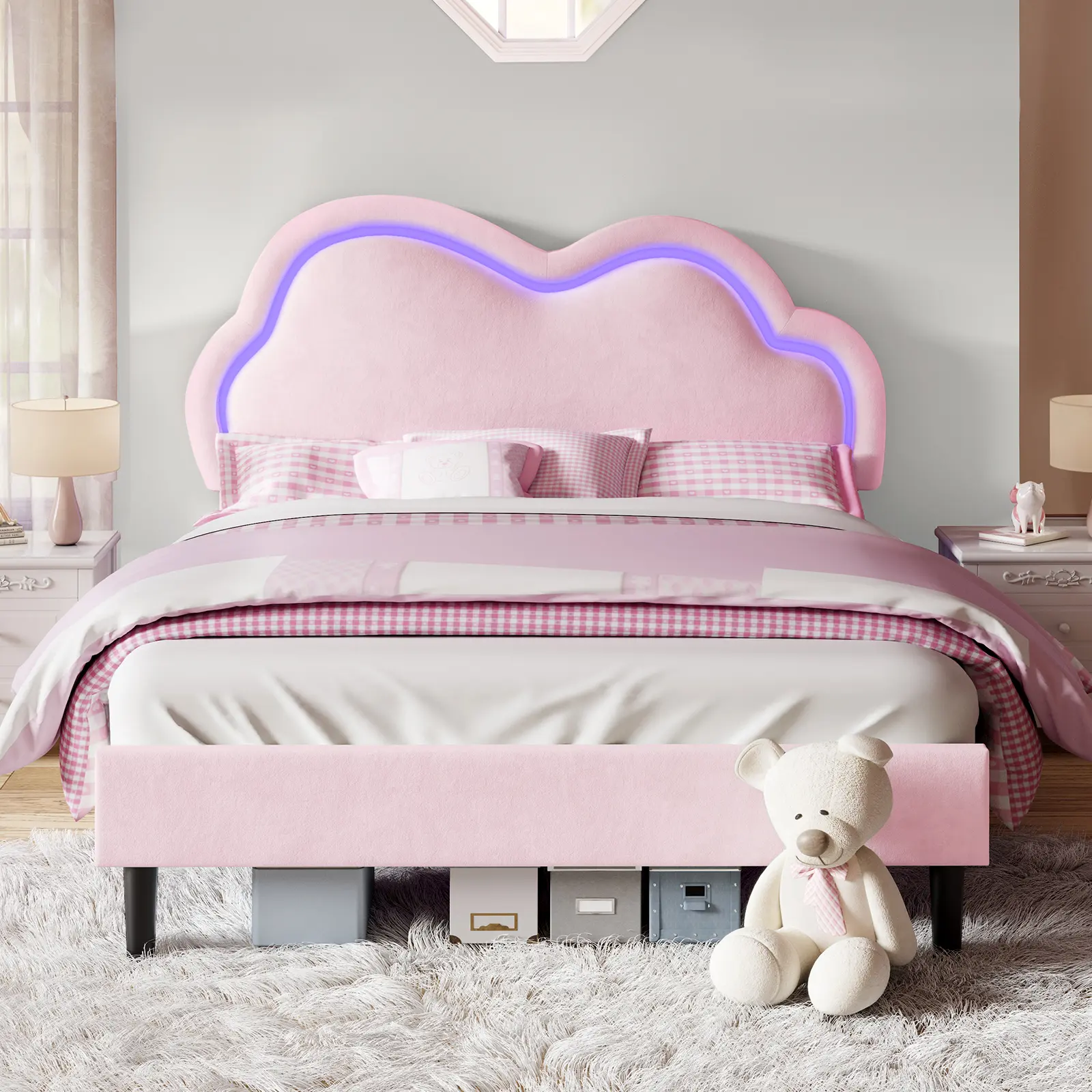Amerlife Unique Bed Frame, Modern Velvet Upholstered Platform Bed with RGB Lights, Cloud Curve Adjustable Headboard, No Box Spring Needed, Easy Assembly, Ideal Christmas Gift, Bed Frames