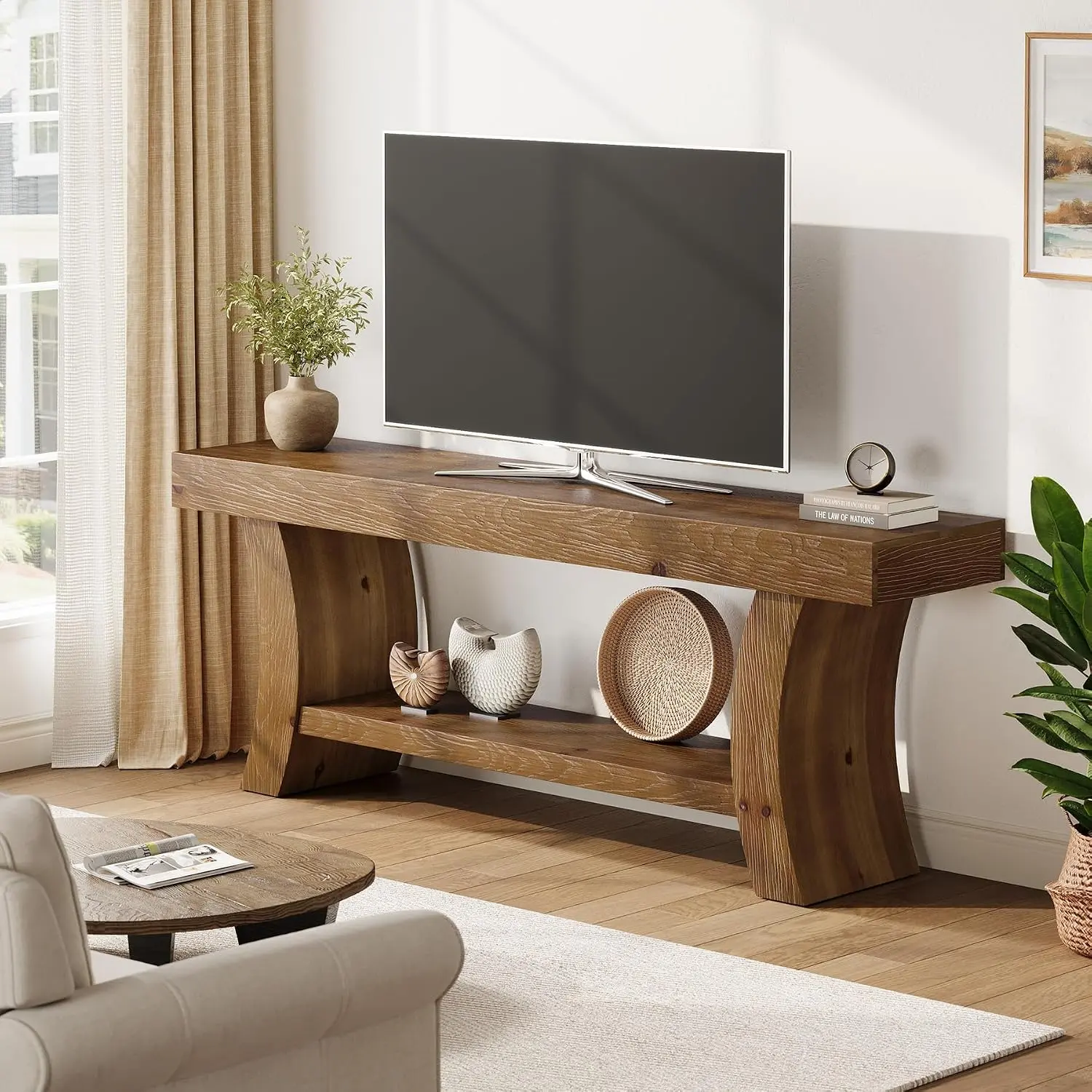 TRIBEWOOD 63" Solid Wood Farmhouse TV Stand, Low Entertainment Center with Storage for 55/60/65/75" TVs in Living Room (Dark Brown)