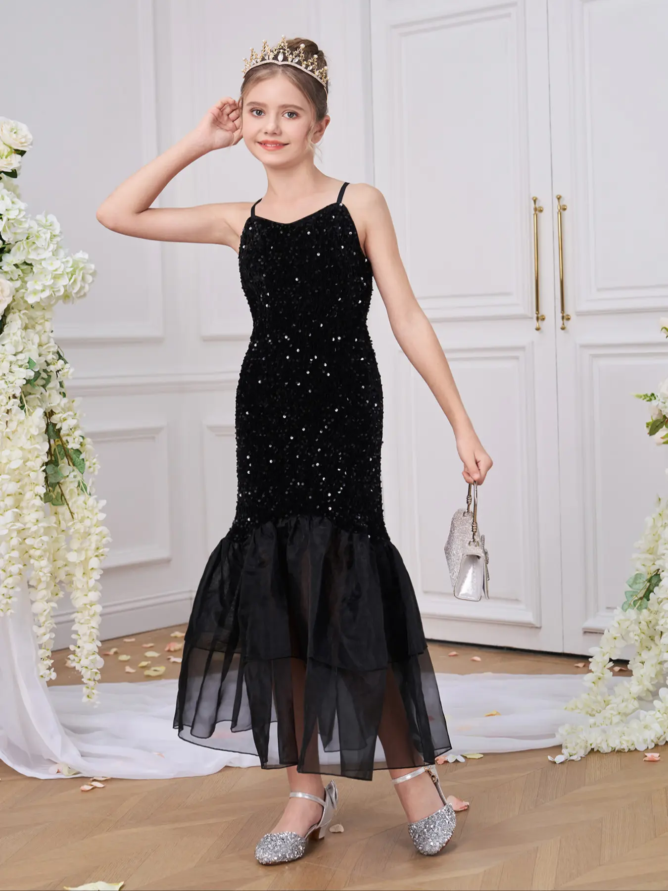 Black sequined fishtail halter top children's dresses, Quinceanera dress, Long Ball Gown Children Performance Princess Formal Evening Party Pageant Prom Flower Girls 8 to 12 Years, Quinceanera Dresses Sophia Final Dress