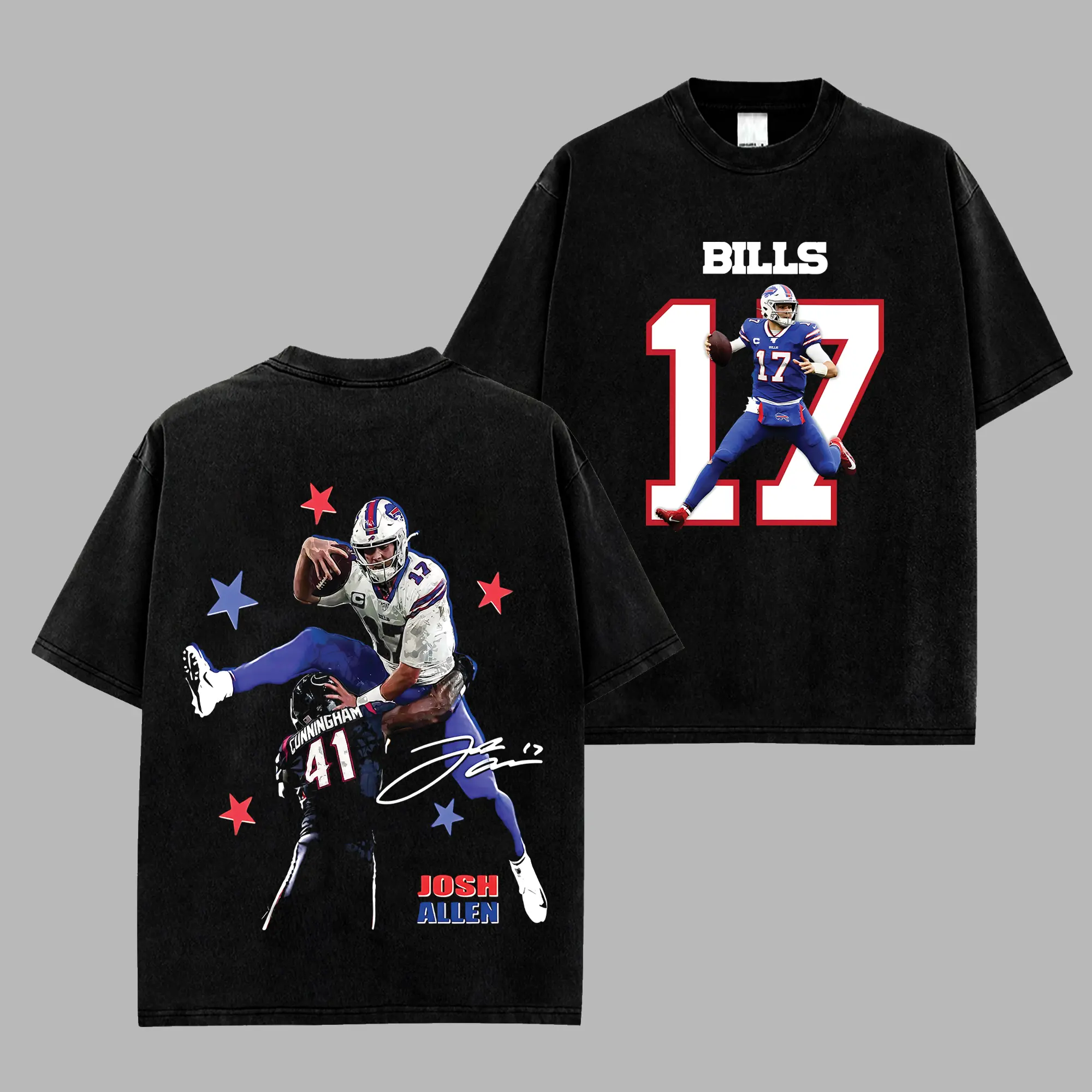 [RedZoneStyle] Bills Mafia Outfit Josh Allen 17 Game Day Retro Unisex 100% Heavyweight Cotton T-Shirt – Super Josh The Gunslinger Fans Shirt, Buffalo Graphic Football Shirt, Game Day Outfits, Gift For Football Fans
