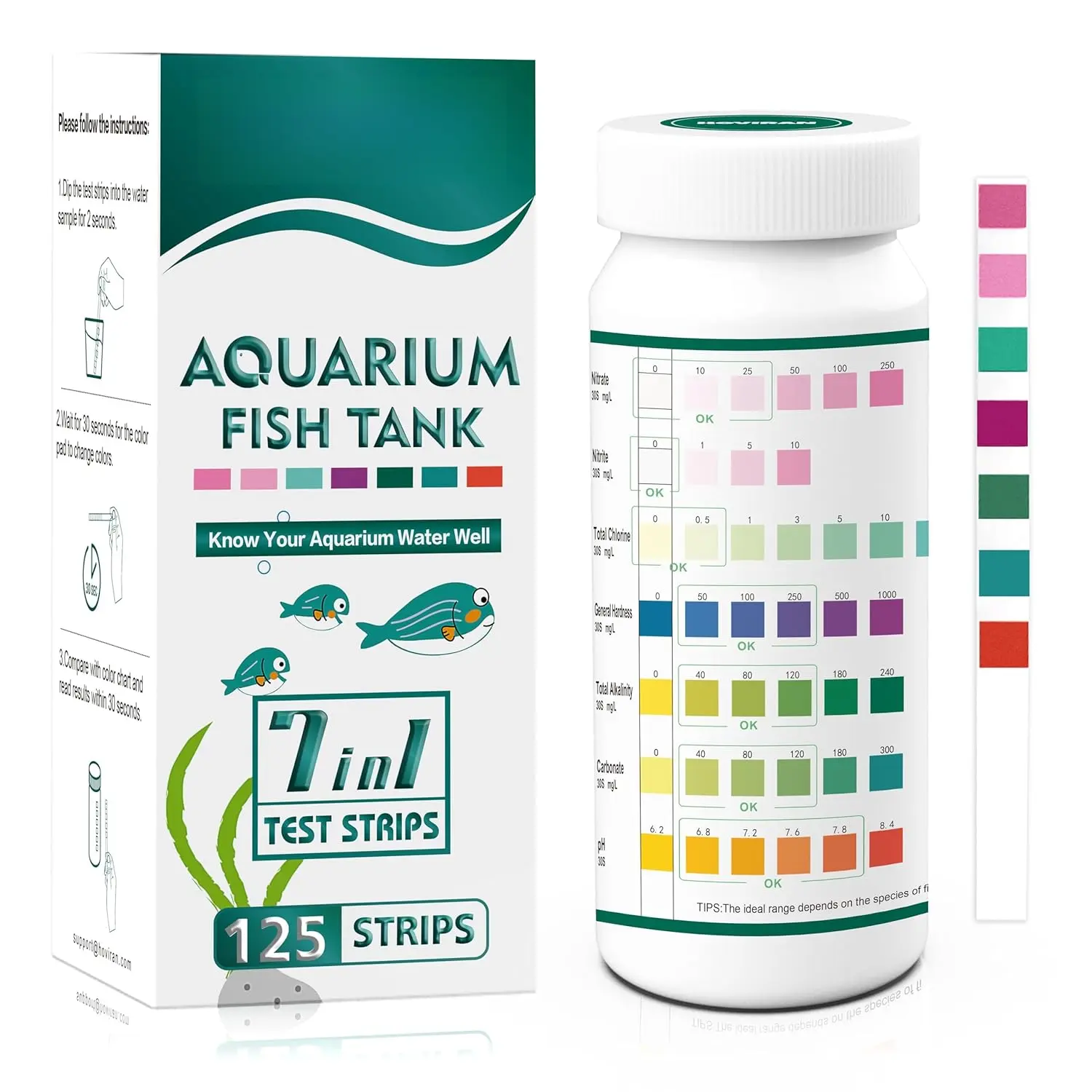 7 in 1 Aquarium Test Strips, 125 Count Fish Tank Test Strips for Freshwater Saltwater Pond, Water Testing Kit Aquarium for Chlorine, Total Hardness, Carbonate, Alkalinity, Nitrate, Nitrite and pH