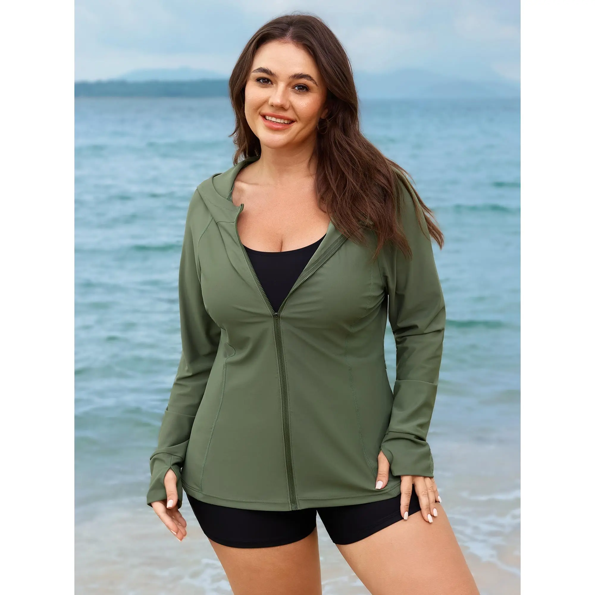 Rash Guard Swimwear for Women's Plus Size, Solid Long Sleeve Zip Up Swimsuit Top with UPF 50+ Sun Protection, Side Pocket, No-Chest Pad, Rash Guard Swimsuits, Zipper, Female, Full Coverage Swimsuits
