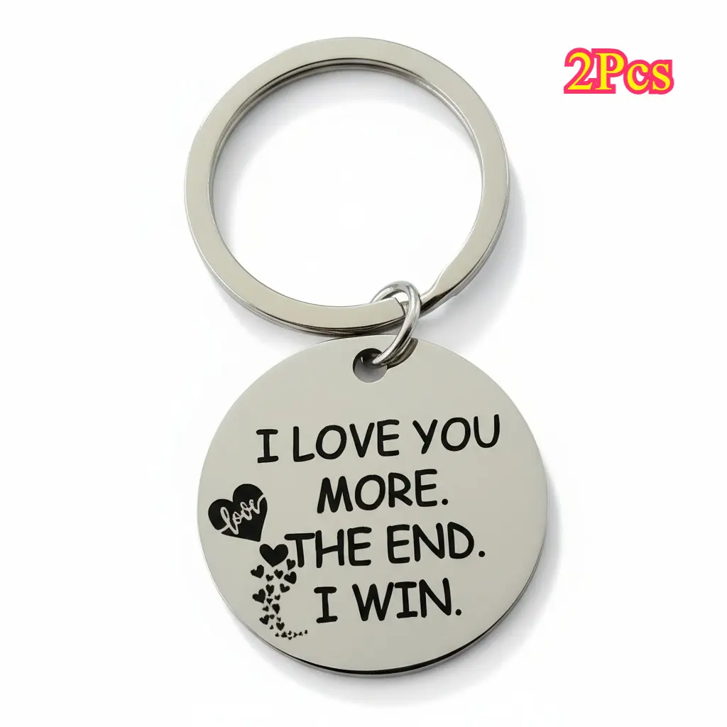 Personalized Heart Tag Keychain Set for Couples, 2-Piece Stainless Steel with Engraved "I Love You More" Tag - Romantic Valentine's Day Gift, Engraved Tag