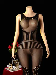 Sheer Mesh Bodysuit, Waist Cinch Design, Sleeveless Erotic Underwear, Nightclub Wear, One Size Fits All