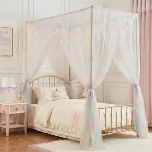 Bed Canopy for Girls Kids, 4 Corner Post Romantic Princess Canopy Bed Curtains Twin for Bedroom Decor