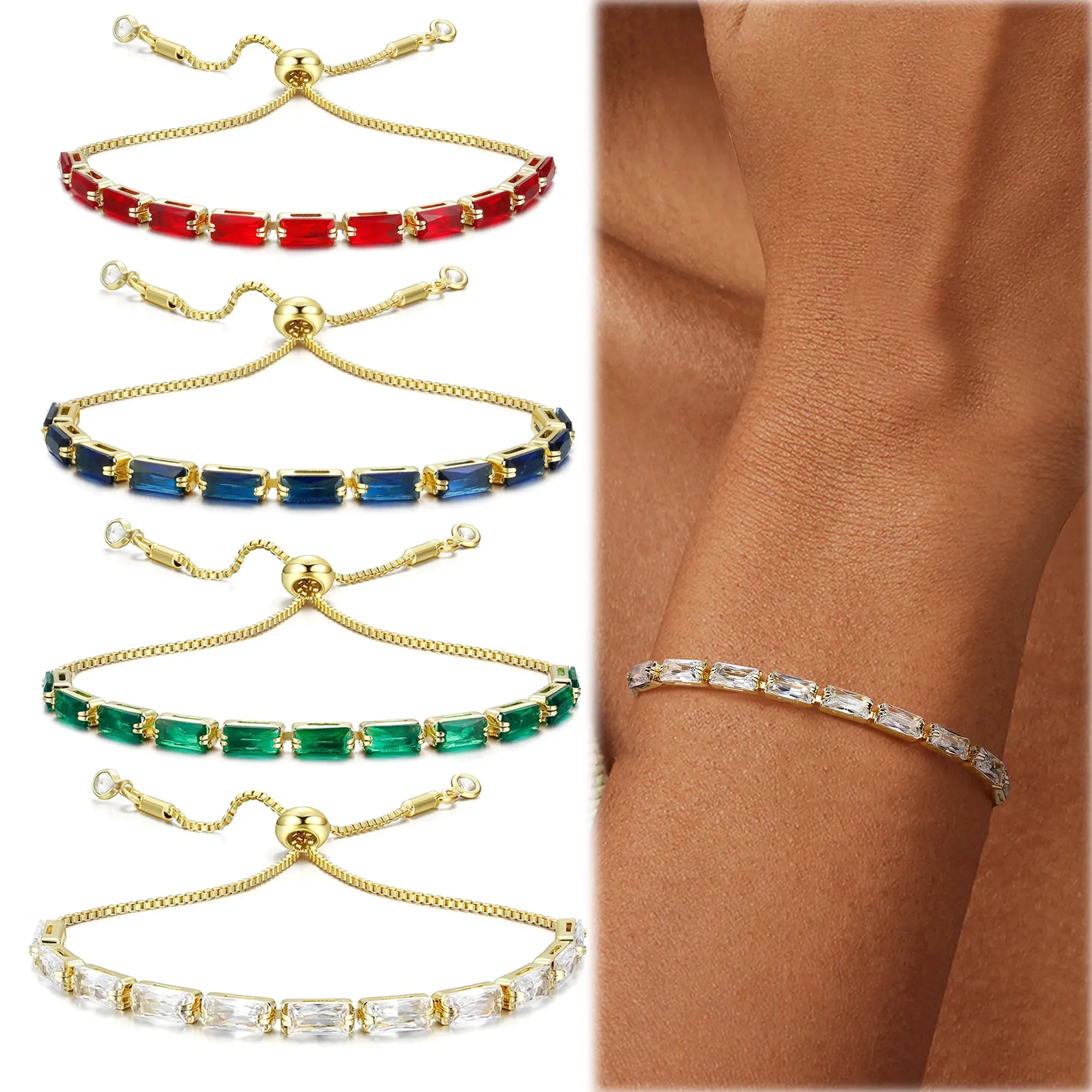 CASSIECA Women's Gold-Plated Silver-Tone Adjustable Tennis Chain Bracelet with Multi-Color Crystal Zirconia Slider, Costume Jewelry in Gift Box for Birthday Gifting