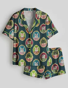 Cat Cameo Satin Pajama Set Women, Short Sleeve Sleepwear, Cozy Two Piece Lounge Outfit, Cute Gift Idea