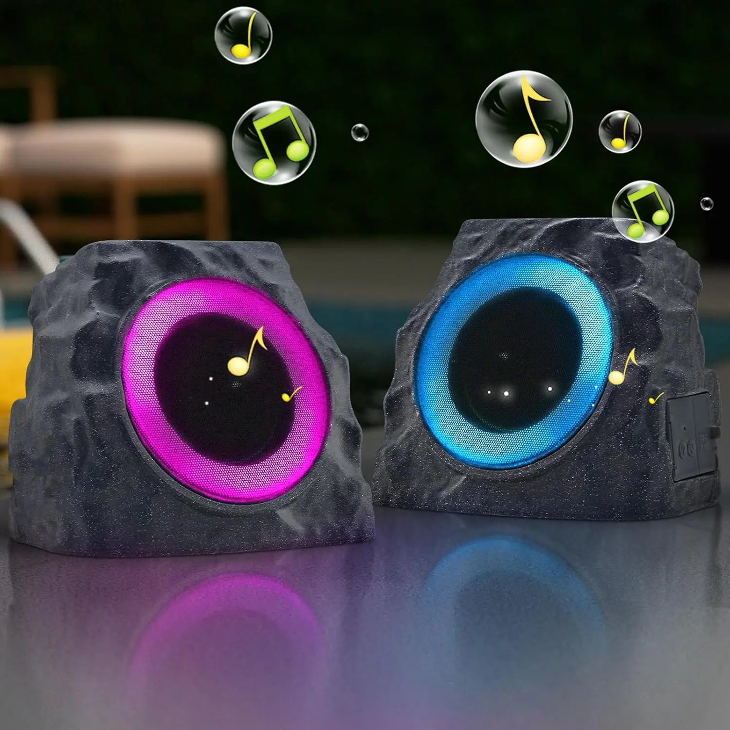 uuffoo 2-Pack Portable Solar-Powered Rock Wireless Speakers, IP44 Water-Resistant Outdoor Speakers with Colorful LED Lights, USB Port Charging for Patio, Pool Party Audio Smartphone
