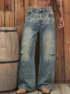 Men’s Retro Denim Jeans, Patchwork Contrast Color Washed Multi-Pocket Pants for Casual Summer Holiday