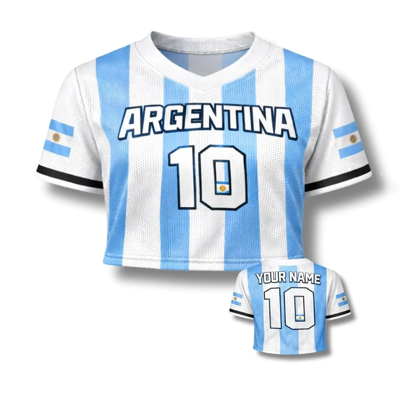 WC 2026 Argentina Soccer Crop Top Jersey, Custom Name Number Women Mesh Football Fan Shirt