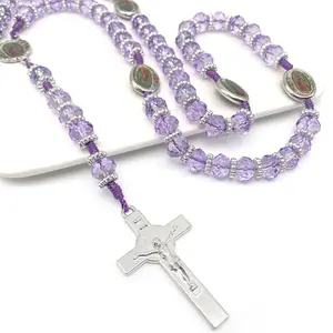 Crystal Beads Catholic Rosary Crucifix Necklace, Our Lady of Gudalupe (Purple) Collar Crucifijo Rosario Católico Cuentas de Nuestra senora de Gualdalupe (Morado)