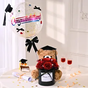 DIY Graduation Bear & Sparkle Rose Bouquet Kit with Inflator, Confetti Balloon, Grad Cap, Stickers & Bows - Perfect Congrats Gift for Friends & Classmates