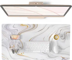 White Mouse Pad, Cute Marble Large Desk Mat, PU Leather Desk Protector Mousepad, Gold Grey Striped Waterproof Computer Keyboard Gaming Mouse Pads, Non Slip Extended Writing Pad 31.5" X 15.7"