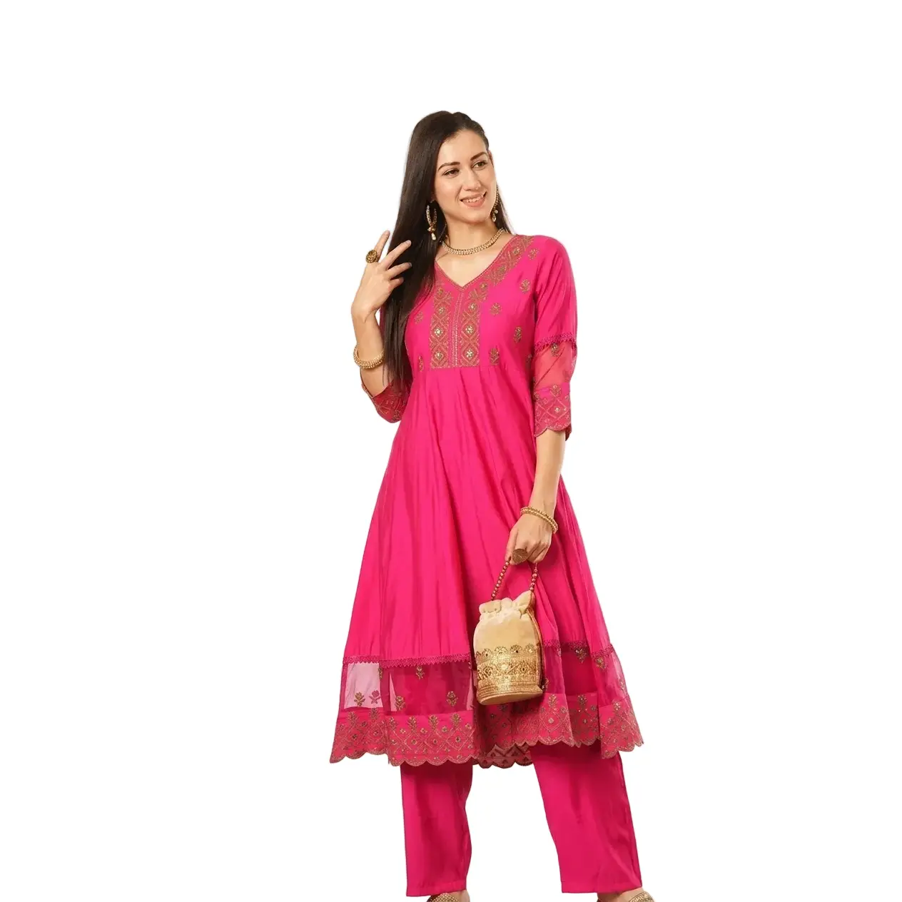 Reyavogue Women's Floral Embroided Sequin Kurta With Trousers
